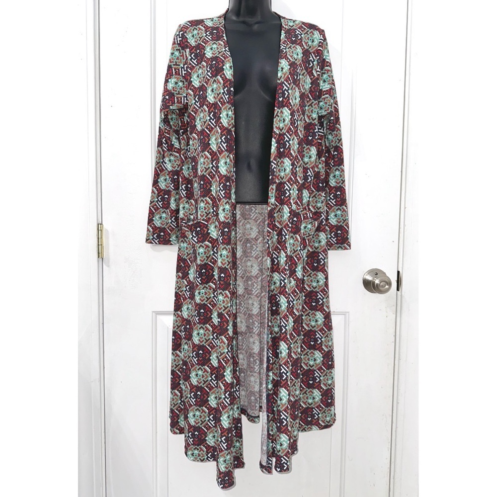 LuLaRoe Sarah duster cardigan in a multicolored geometric print with pockets